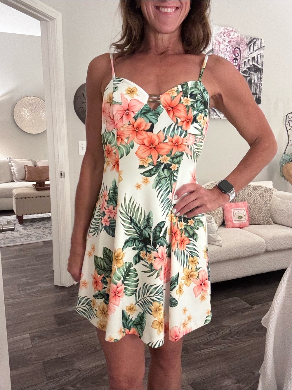 Guess White Mini Sundress with Pink & Orange Tropical Floral Print